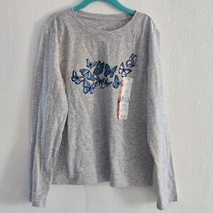 Wonder Nation Girls Gray Butterfly Graphic Long Sleeve T-Shirt Size M 7-8 NWT